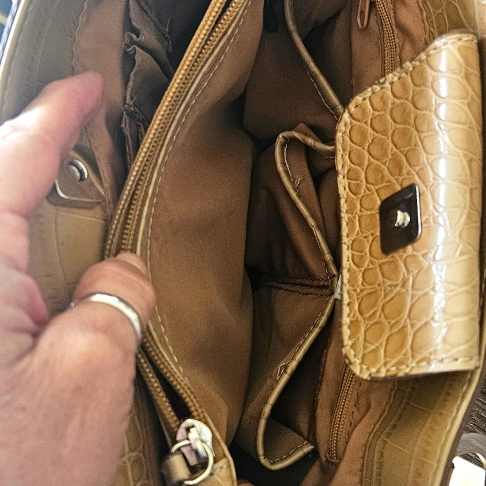 TOMMY HILFIGER Beige Croc Embossed Purse Satchel Double Strap Signature Hand Bag - Picture 3 of 7
